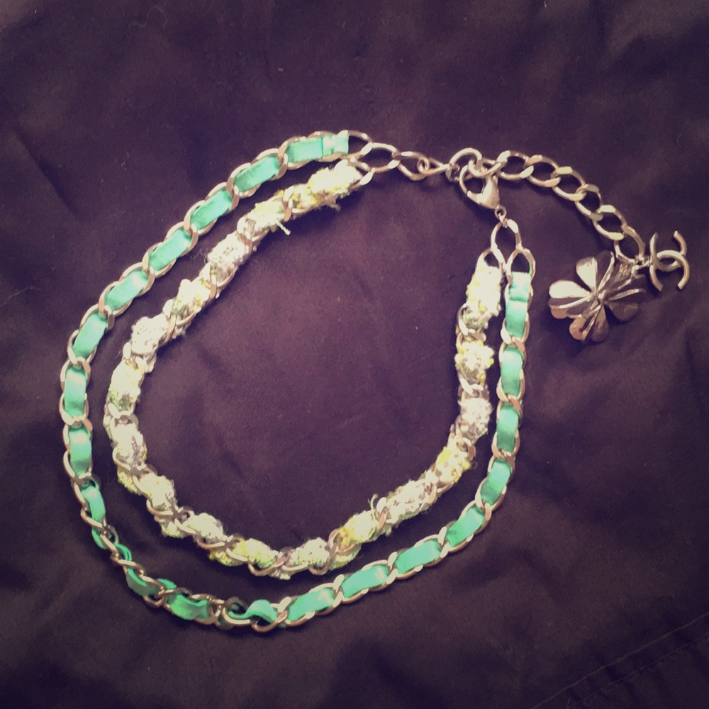 Chanel Green Tweed, Leather and Silver Necklace